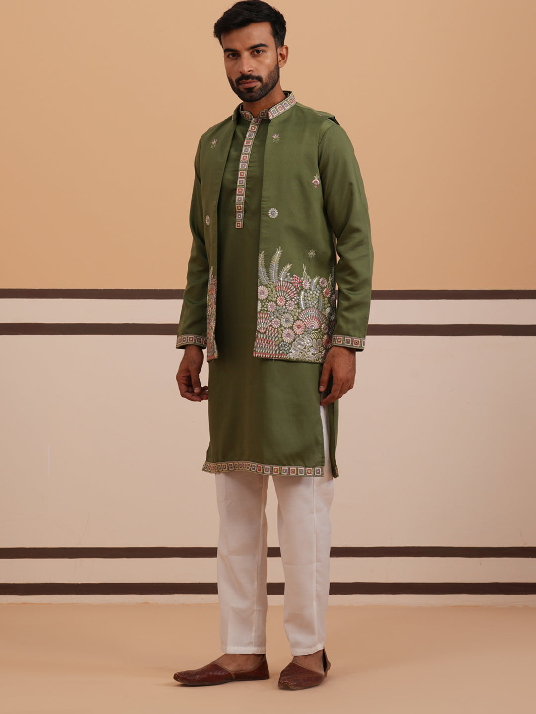 Embroidered Nehru Jacket With Kurta Pyjama Set