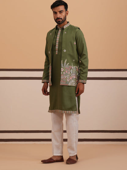 Embroidered Nehru Jacket With Kurta Pyjama Set