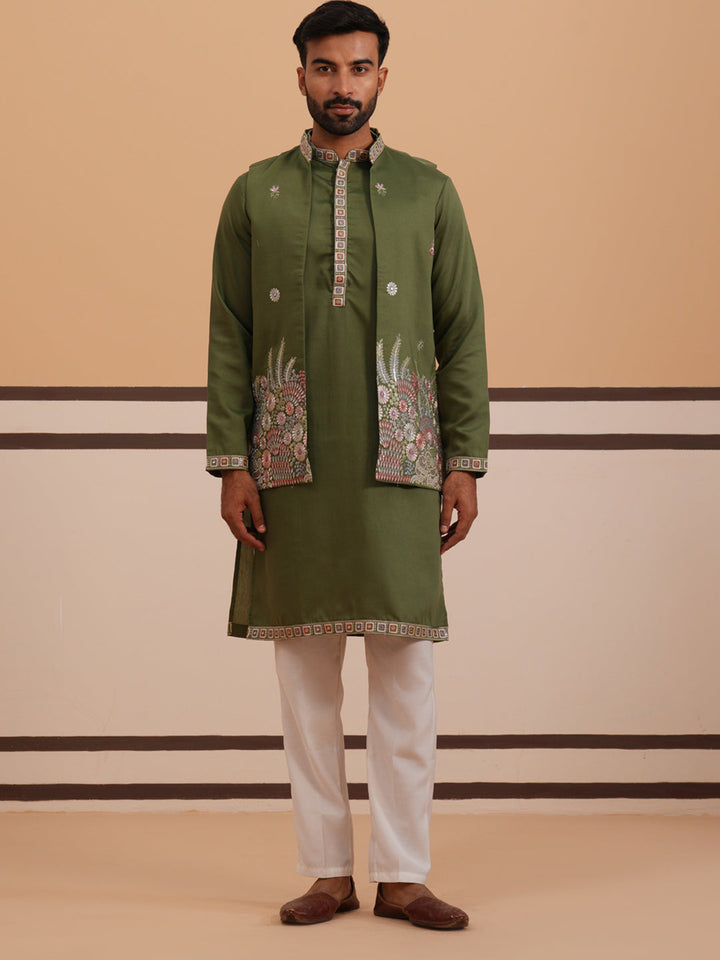 Embroidered Nehru Jacket With Kurta Pyjama Set