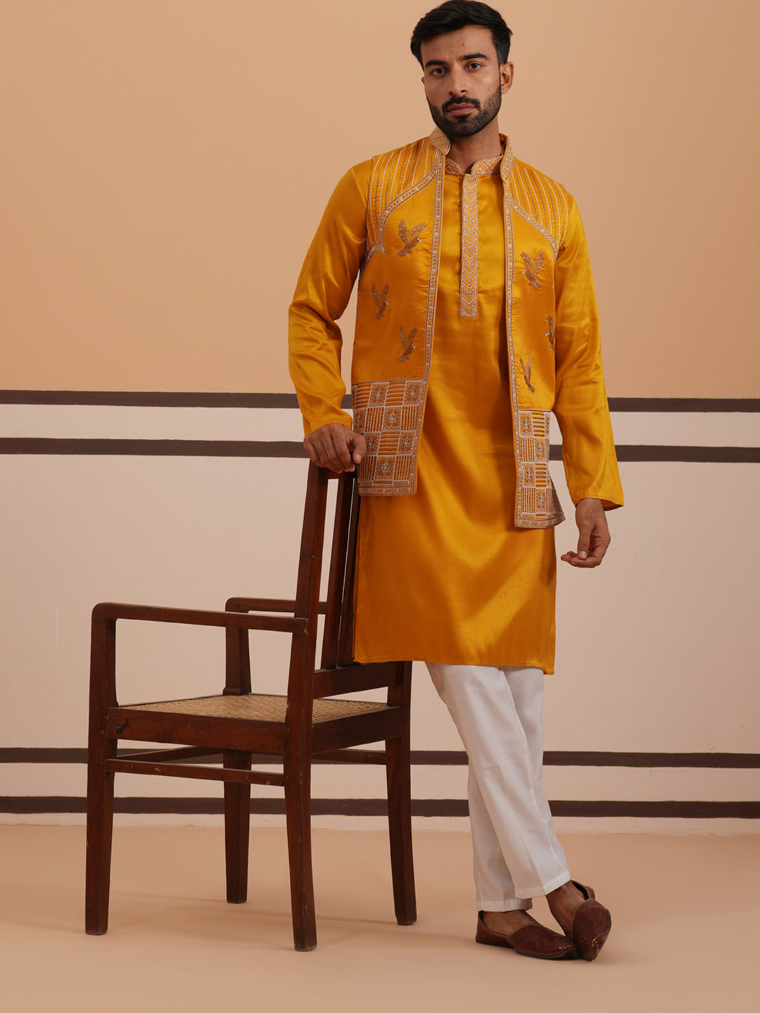 Mustard Embroidered Nehru Jacket &amp; Kurta Pyjama Set
