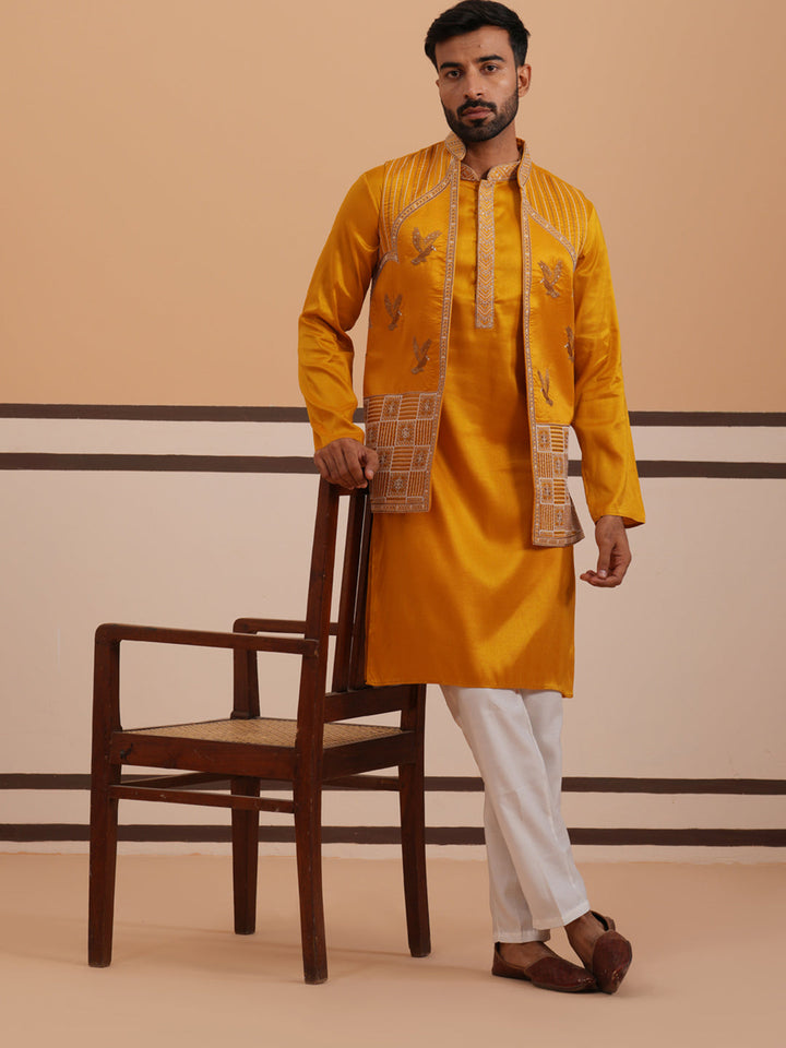 Mustard Embroidered Nehru Jacket &amp; Kurta Pyjama Set