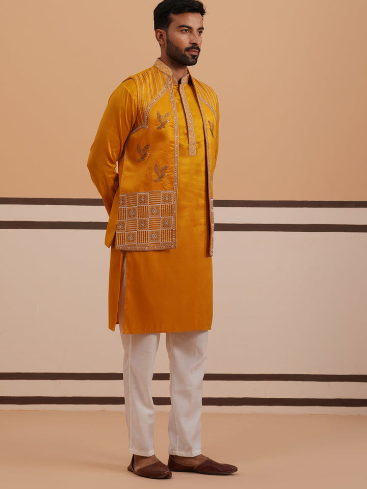 Mustard Embroidered Nehru Jacket &amp; Kurta Pyjama Set