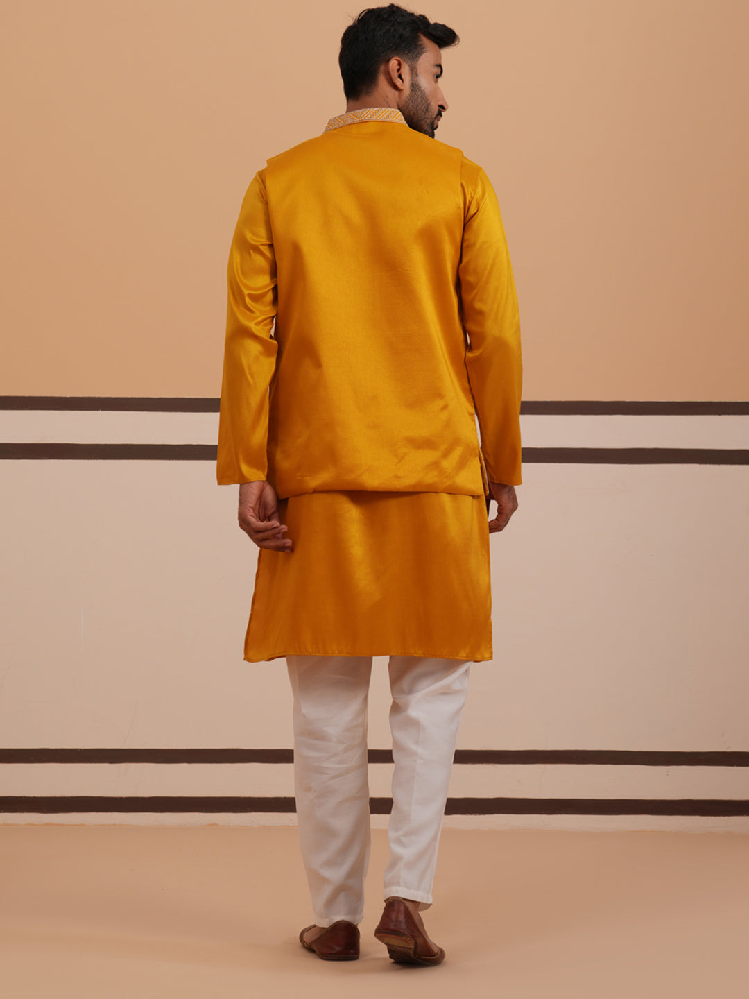 Mustard Embroidered Nehru Jacket &amp; Kurta Pyjama Set