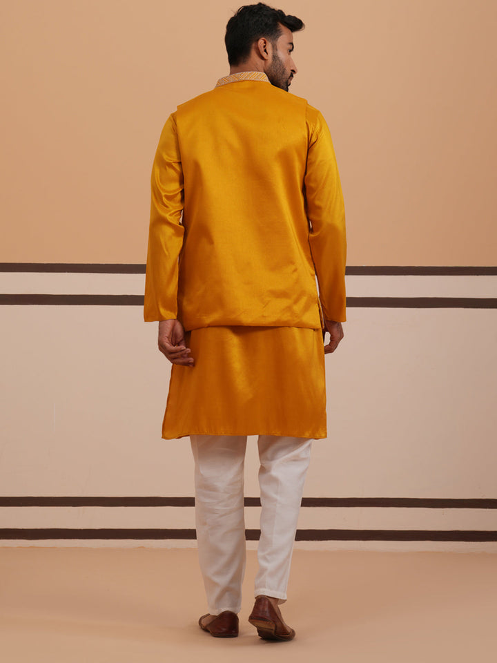 Mustard Embroidered Nehru Jacket &amp; Kurta Pyjama Set