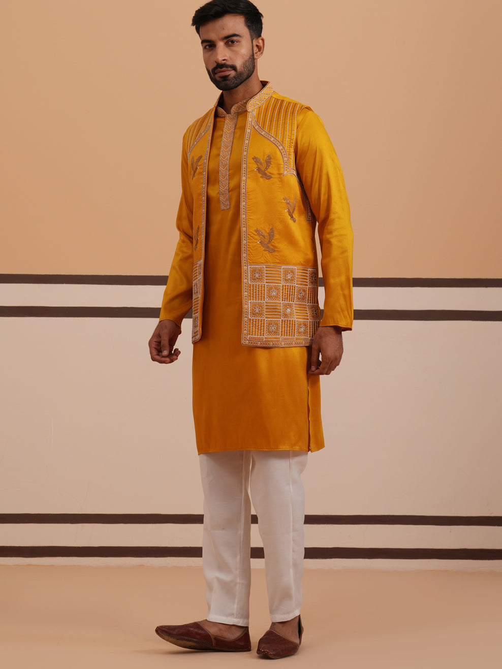 Mustard Embroidered Nehru Jacket &amp; Kurta Pyjama Set