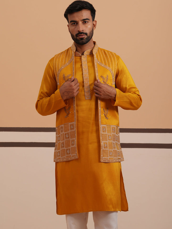 Mustard Embroidered Nehru Jacket &amp; Kurta Pyjama Set