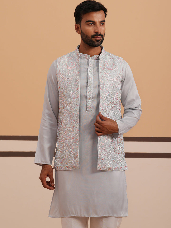 Blue Embroidered Nehru Jacket &amp; Kurta Pyjama Set