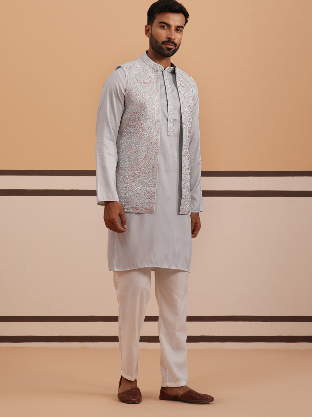 Blue Embroidered Nehru Jacket &amp; Kurta Pyjama Set