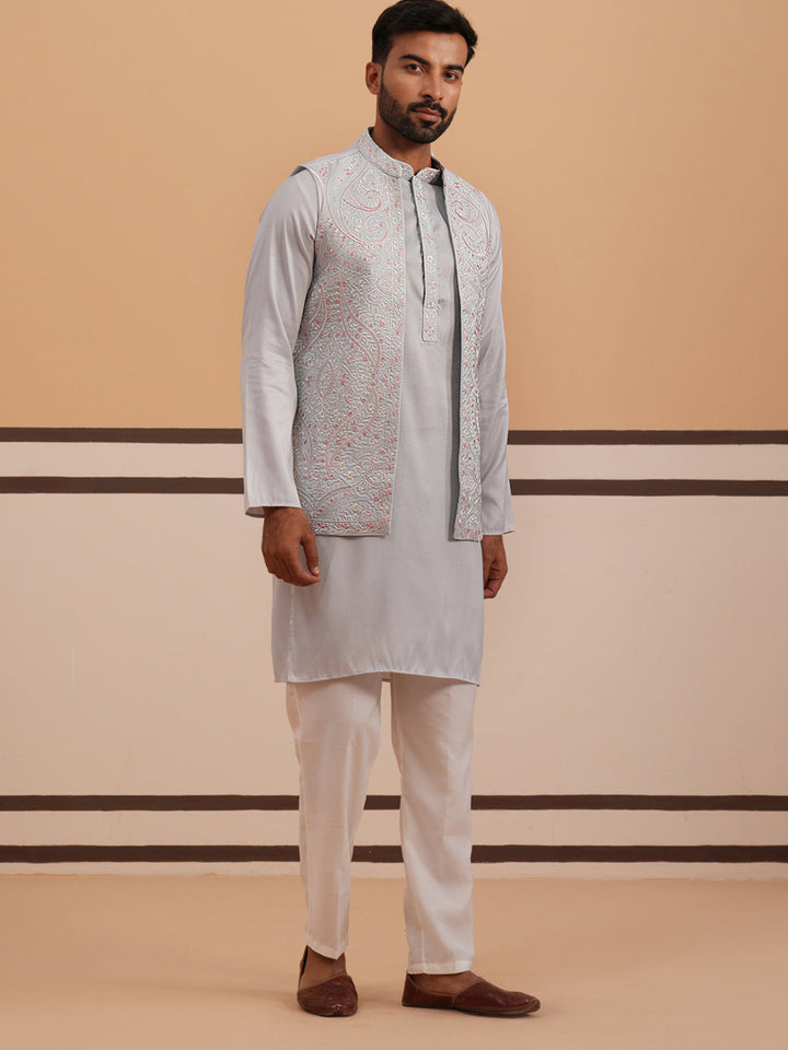 Blue Embroidered Nehru Jacket &amp; Kurta Pyjama Set