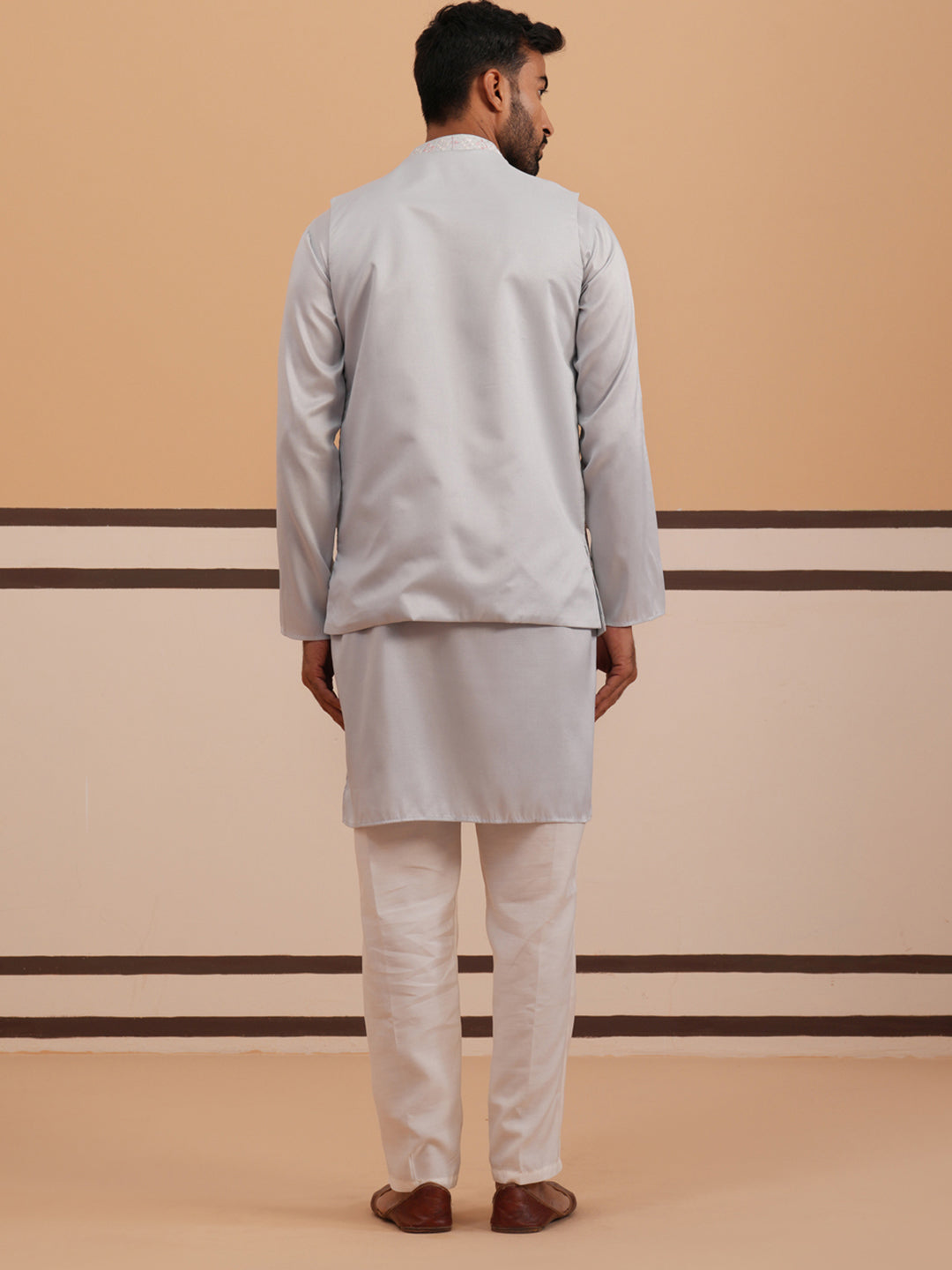 Blue Embroidered Nehru Jacket &amp; Kurta Pyjama Set