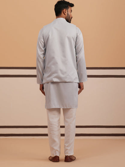 Blue Embroidered Nehru Jacket & Kurta Pyjama Set