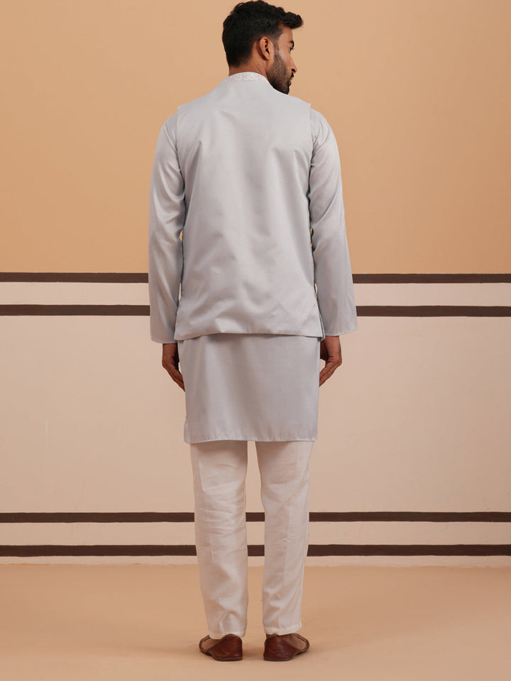 Blue Embroidered Nehru Jacket &amp; Kurta Pyjama Set