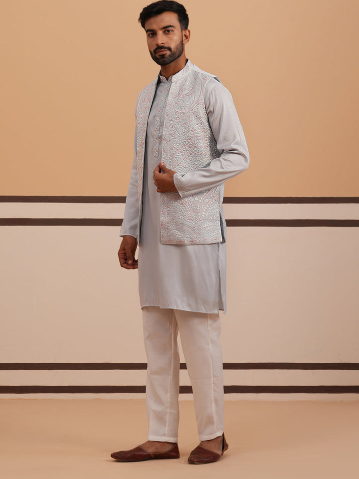 Blue Embroidered Nehru Jacket &amp; Kurta Pyjama Set