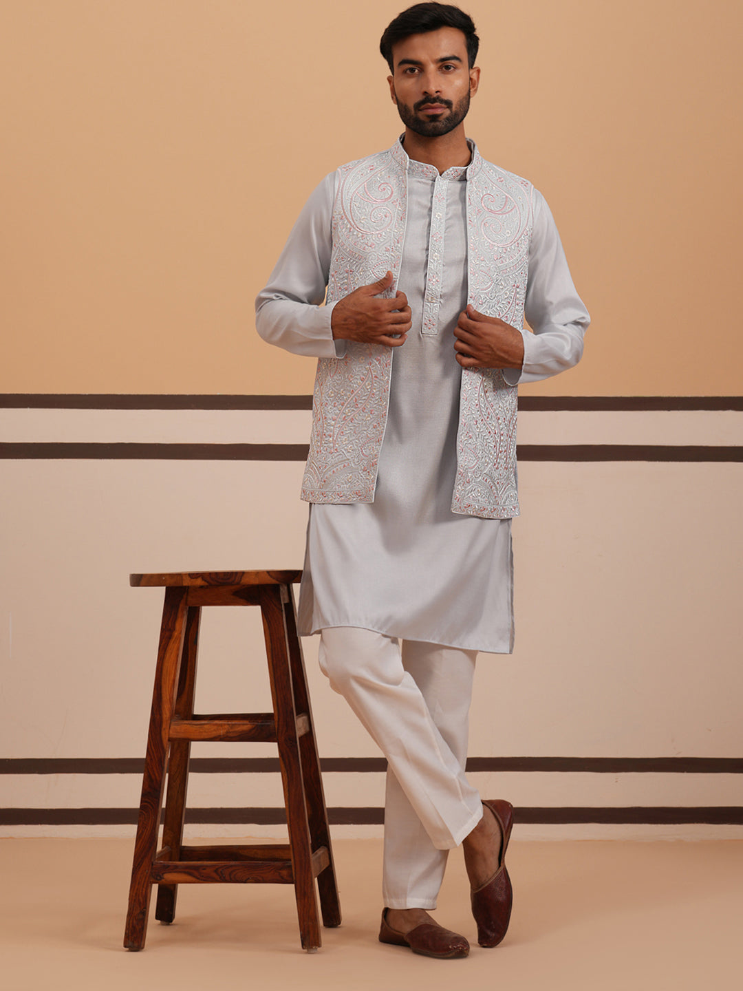 Blue Embroidered Nehru Jacket &amp; Kurta Pyjama Set