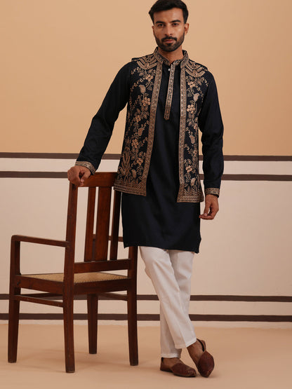 Black Thread Work Nehru Jacket With Kurta Pyjama
