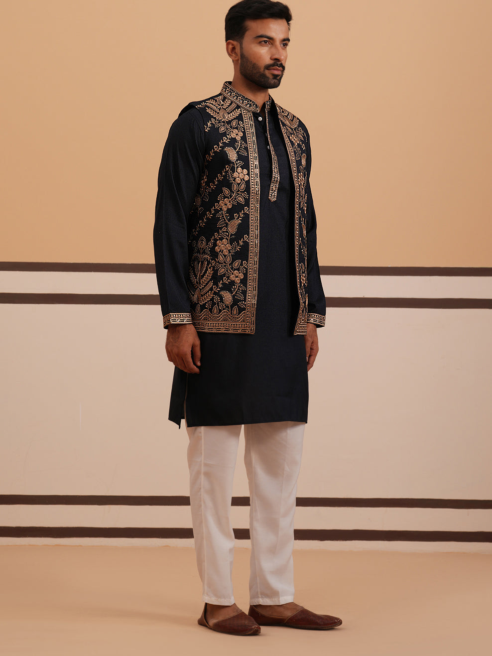 Black Thread Work Nehru Jacket With Kurta Pyjama