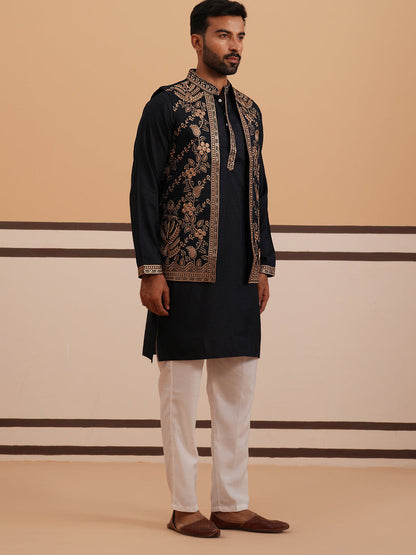 Black Thread Work Nehru Jacket With Kurta Pyjama