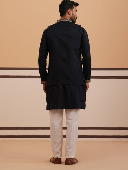 Black Thread Work Nehru Jacket With Kurta Pyjama
