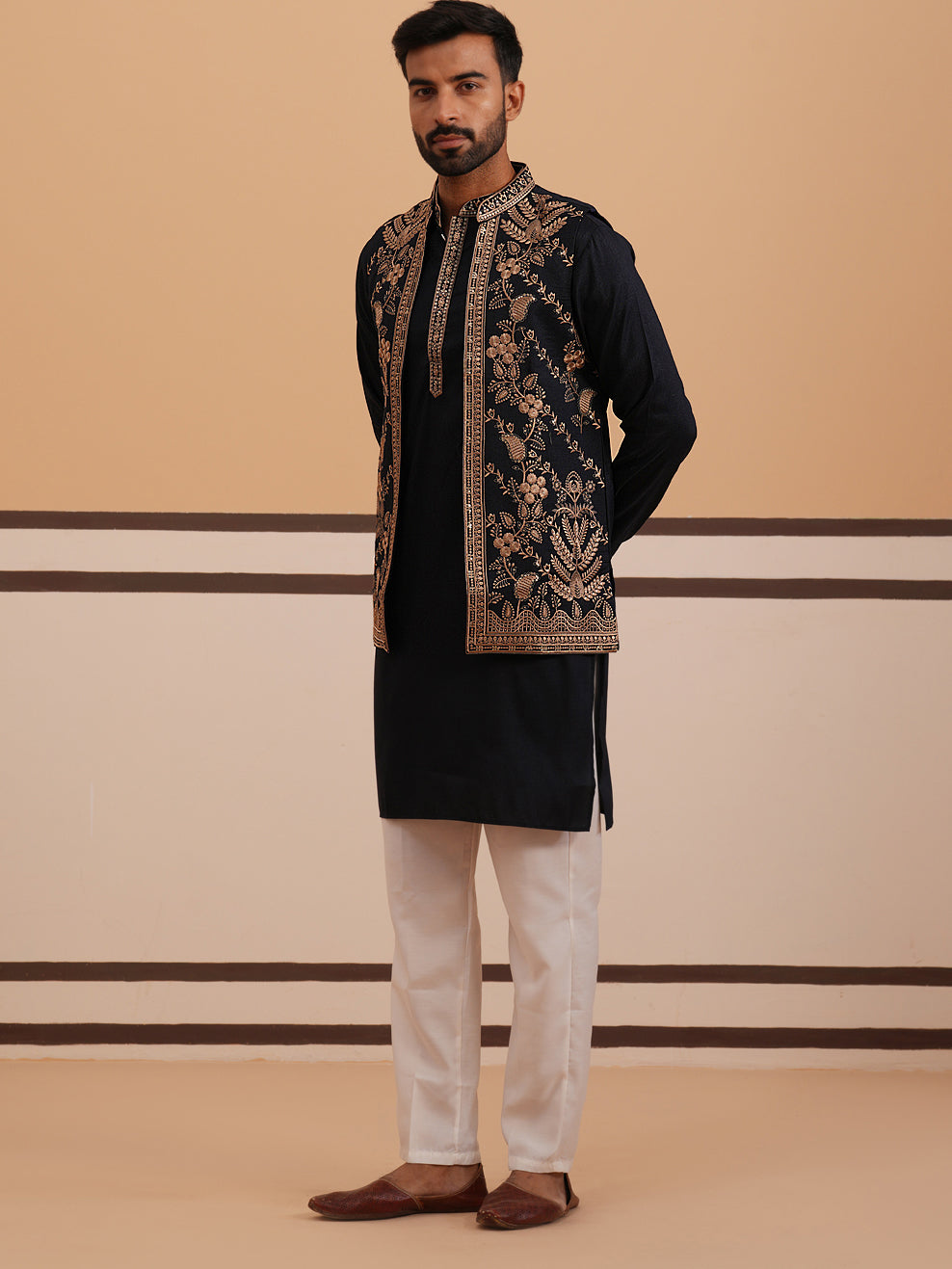 Black Thread Work Nehru Jacket With Kurta Pyjama