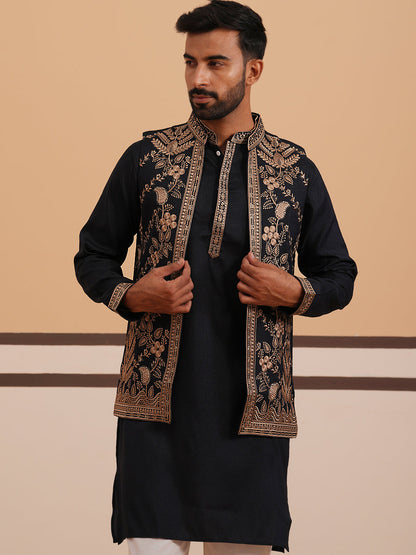 Black Thread Work Nehru Jacket With Kurta Pyjama
