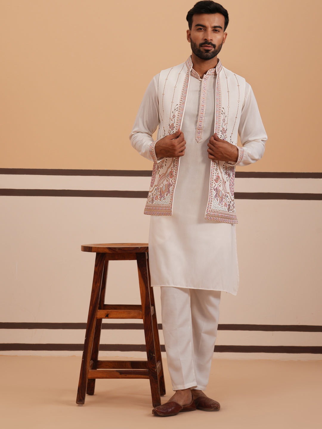 Ivory Embroidered Nehru Jacket Kurta Set For Men