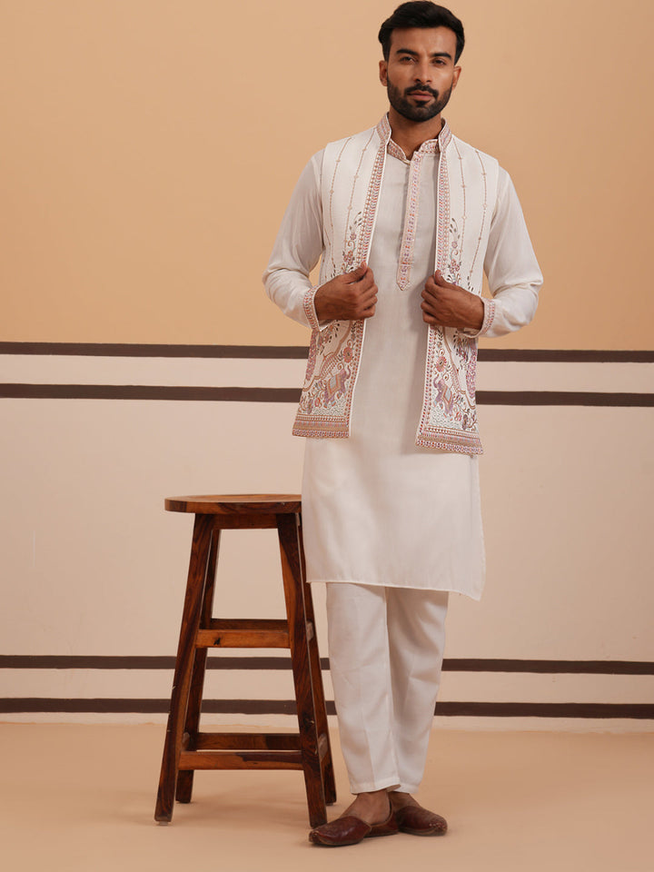 Ivory Embroidered Nehru Jacket Kurta Set For Men