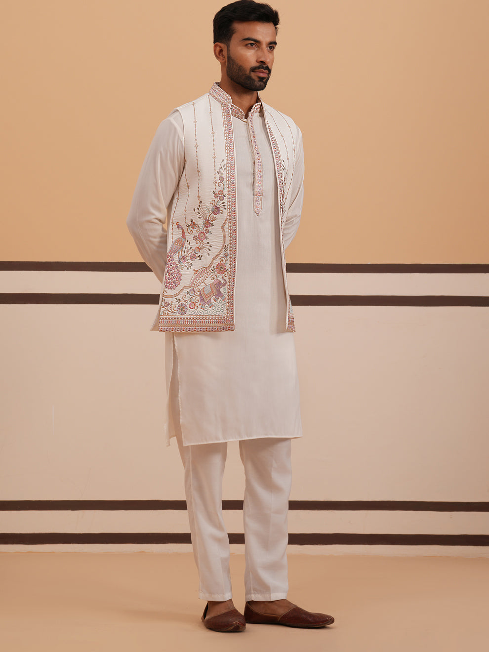 Ivory Embroidered Nehru Jacket Kurta Set For Men