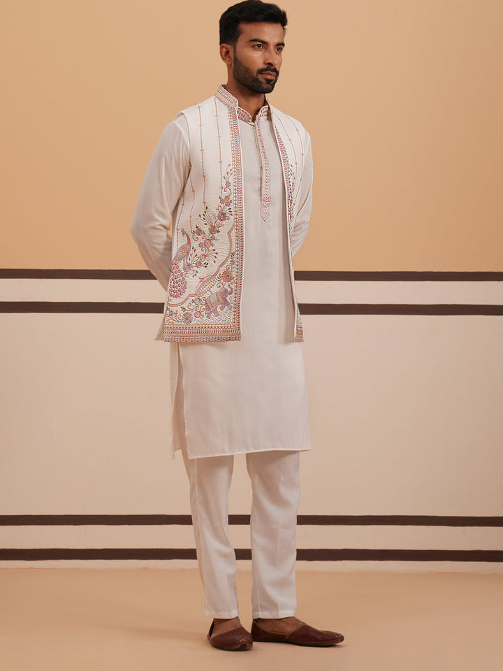Ivory Embroidered Nehru Jacket Kurta Set For Men
