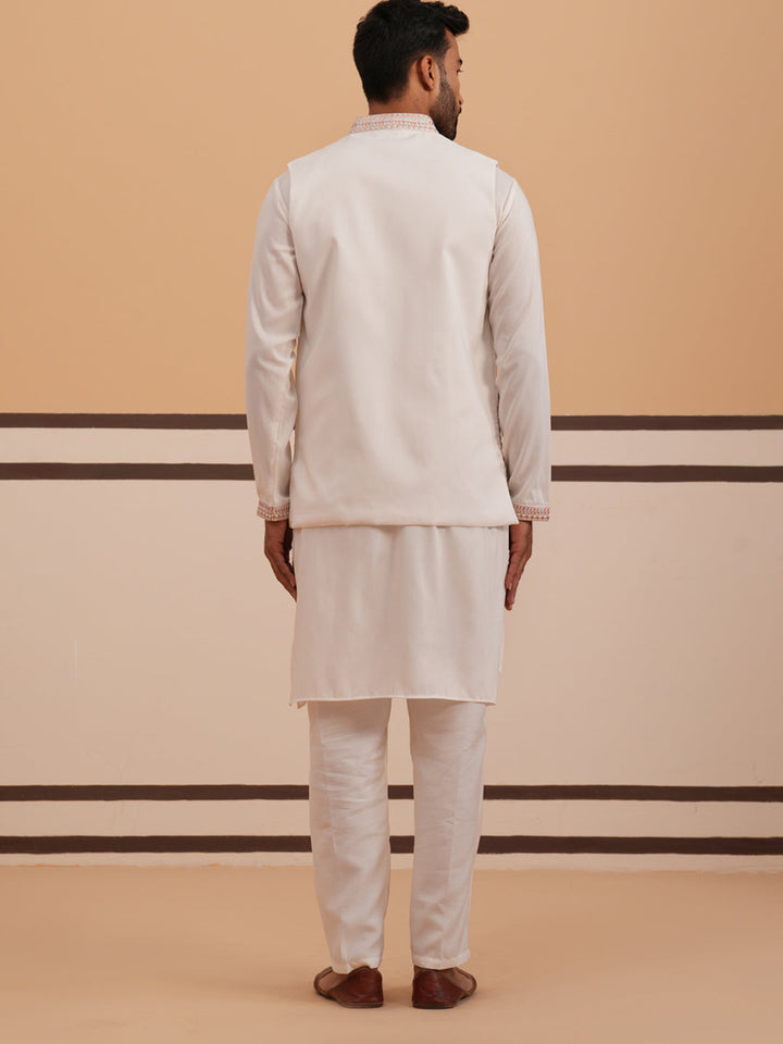 Ivory Embroidered Nehru Jacket Kurta Set For Men