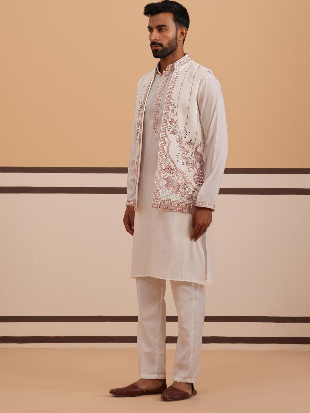 Ivory Embroidered Nehru Jacket Kurta Set For Men
