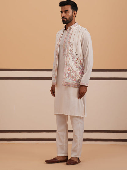 Ivory Embroidered Nehru Jacket Kurta Set For Men