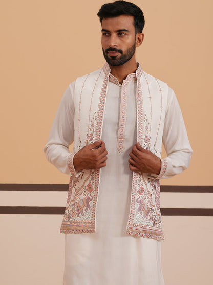Ivory Embroidered Nehru Jacket Kurta Set For Men