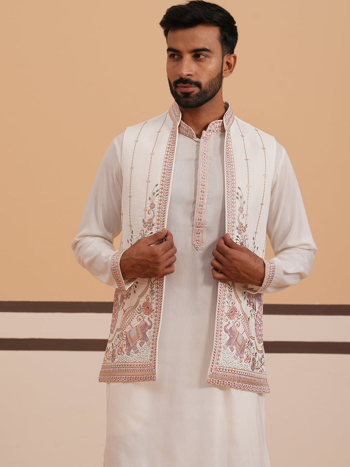 Ivory Embroidered Nehru Jacket Kurta Set For Men