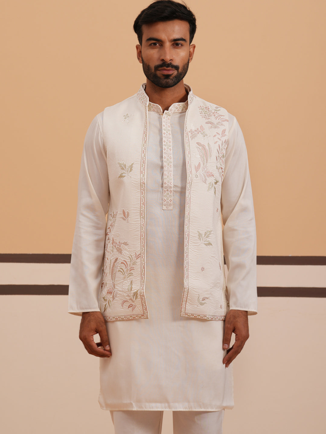Ivory Embroidered Nehru Jacket Kurta Set For Men