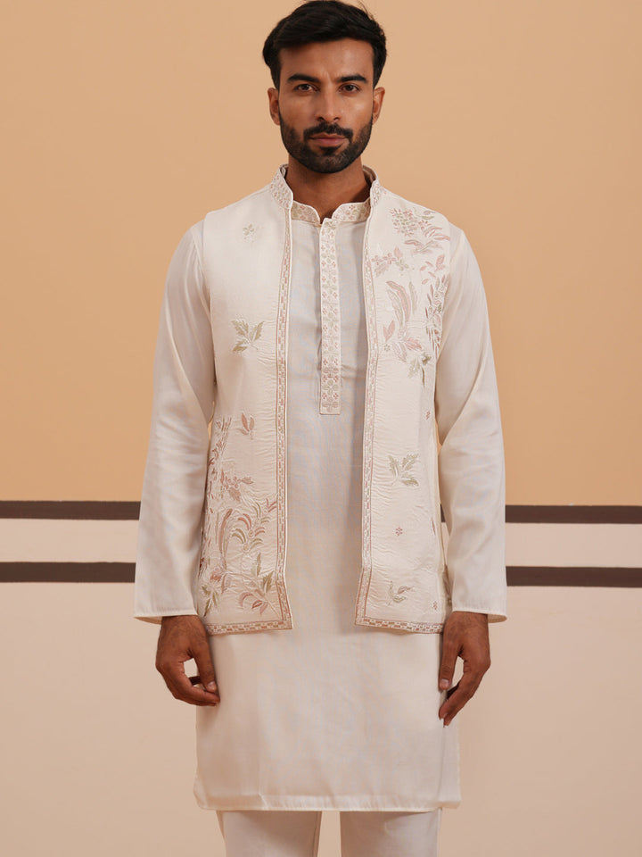 Ivory Embroidered Nehru Jacket Kurta Set For Men