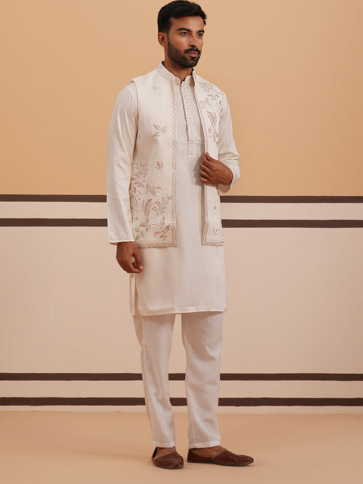 Ivory Embroidered Nehru Jacket Kurta Set For Men
