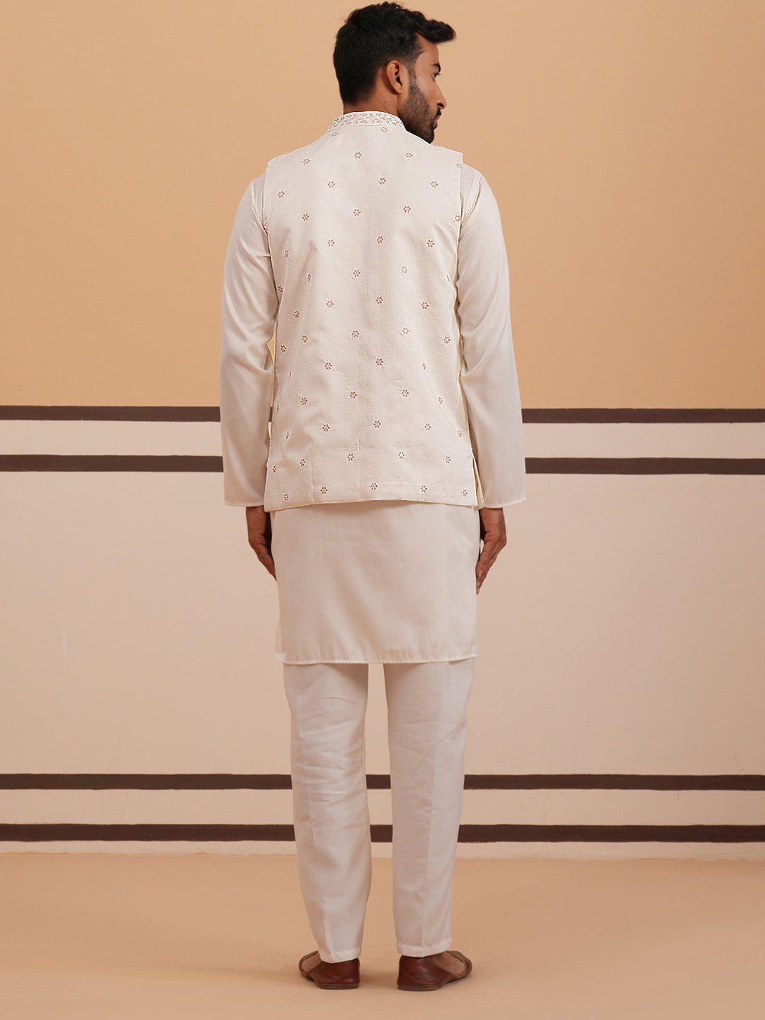 Ivory Embroidered Nehru Jacket Kurta Set For Men