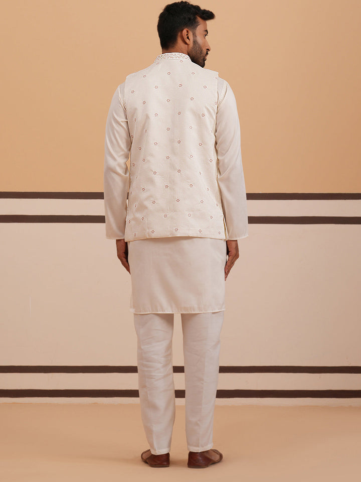 Ivory Embroidered Nehru Jacket Kurta Set For Men