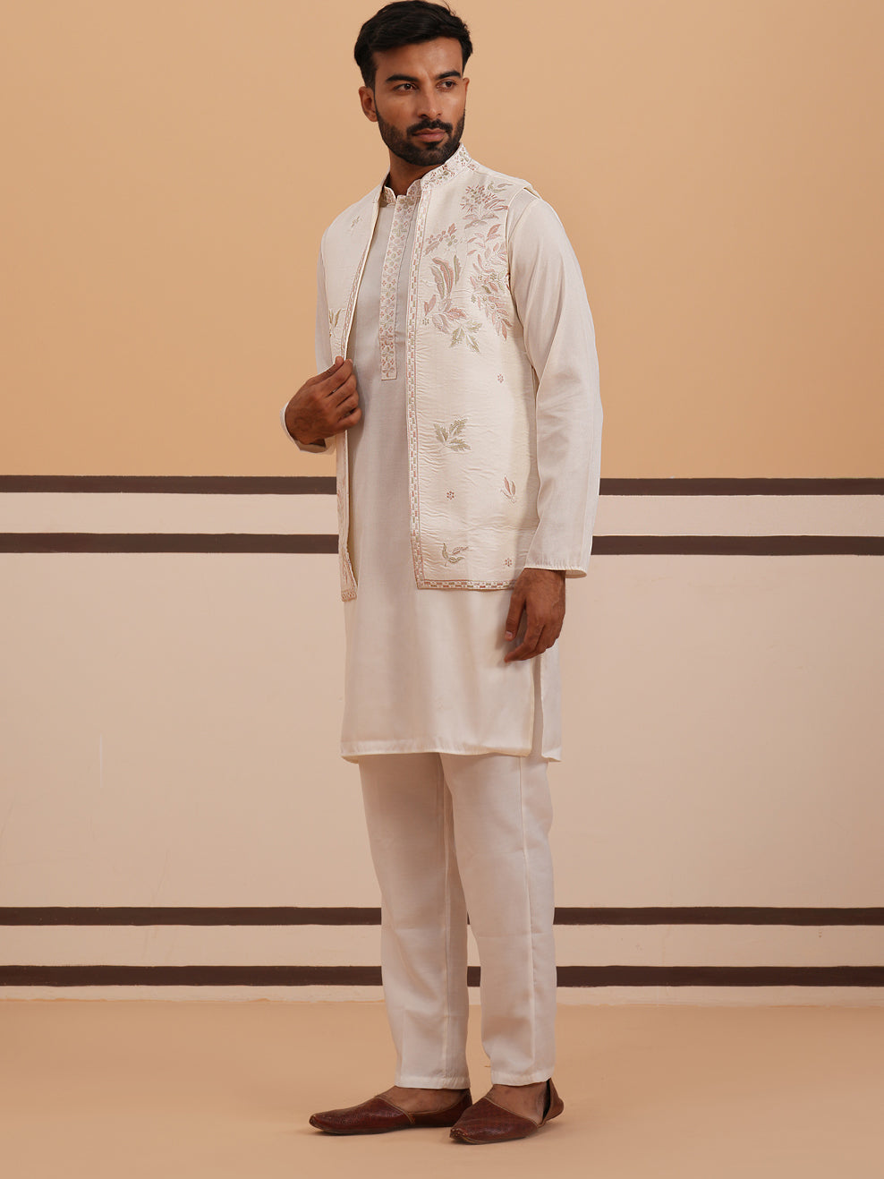 Ivory Embroidered Nehru Jacket Kurta Set For Men
