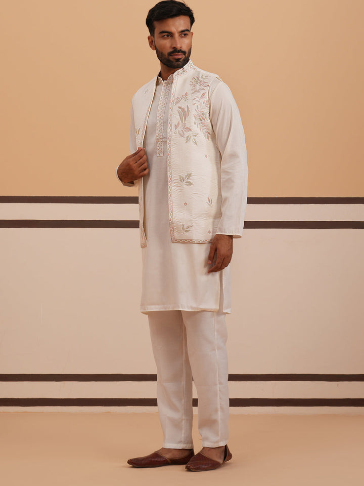 Ivory Embroidered Nehru Jacket Kurta Set For Men