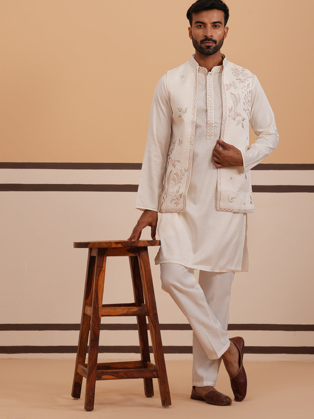 Ivory Embroidered Nehru Jacket Kurta Set For Men