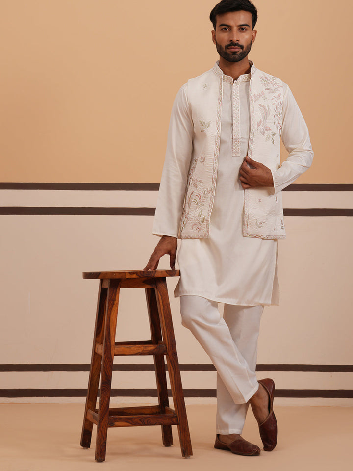 Ivory Embroidered Nehru Jacket Kurta Set For Men