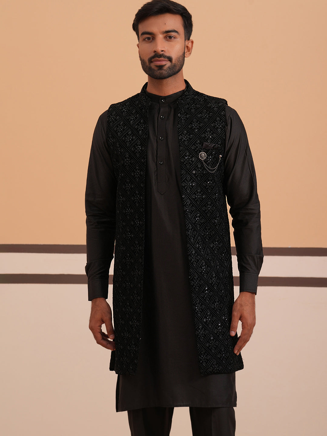Black Embroidered Long Shrug With Kurta Pyjama Set