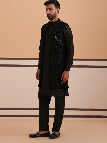 Black Embroidered Long Shrug With Kurta Pyjama Set