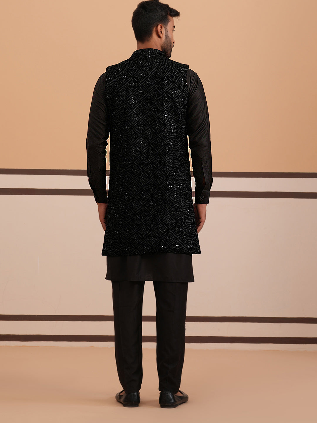 Black Embroidered Long Shrug With Kurta Pyjama Set