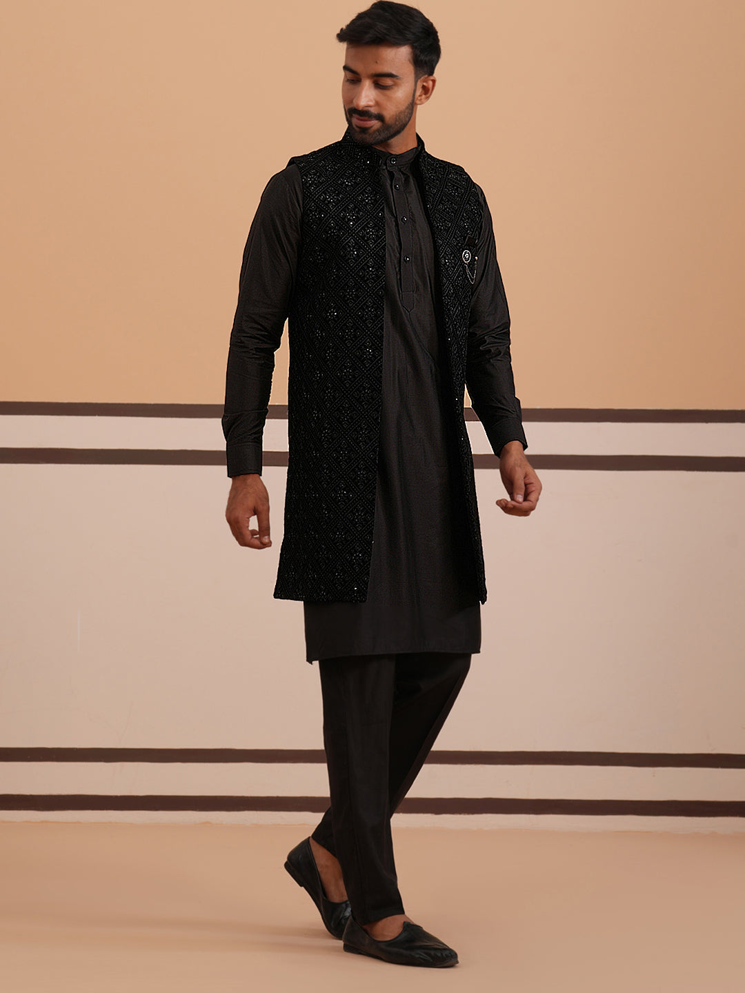 Black Embroidered Long Shrug With Kurta Pyjama Set