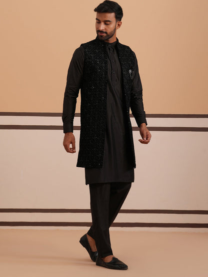 Black Embroidered Long Shrug With Kurta Pyjama Set