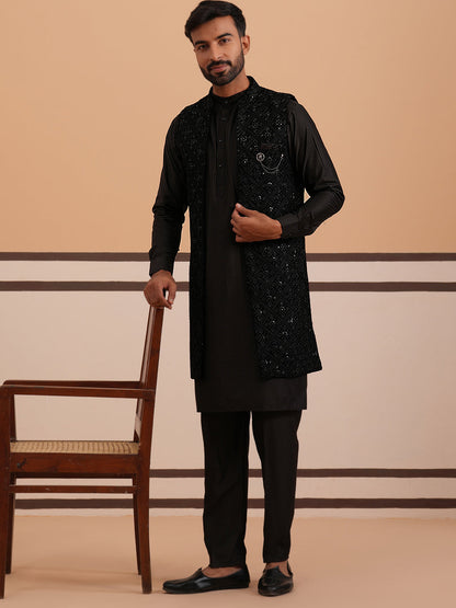 Black Embroidered Long Shrug With Kurta Pyjama Set