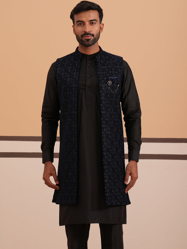 Navy Blue Embroidered Long Shrug With Kurta Pyjama Set