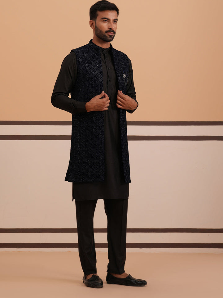 Navy Blue Embroidered Long Shrug With Kurta Pyjama Set